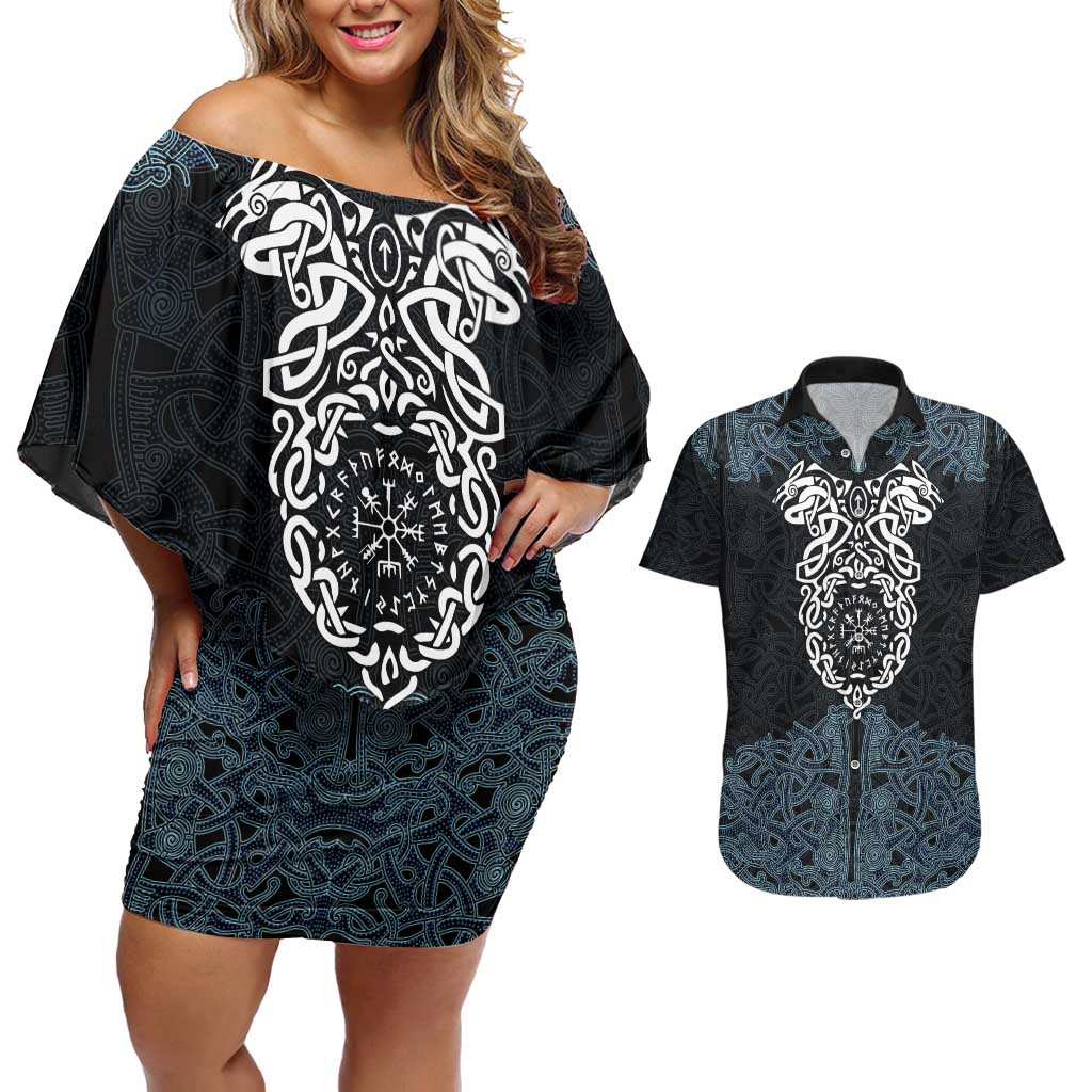 Viking Vegvisir Symbol Couples Matching Off Shoulder Short Dress and Hawaiian Shirt with Runes and Intricate Knotwork Norse Protection Tribute - Wonder Print Shop