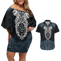 Viking Vegvisir Symbol Couples Matching Off Shoulder Short Dress and Hawaiian Shirt with Runes and Intricate Knotwork Norse Protection Tribute - Wonder Print Shop