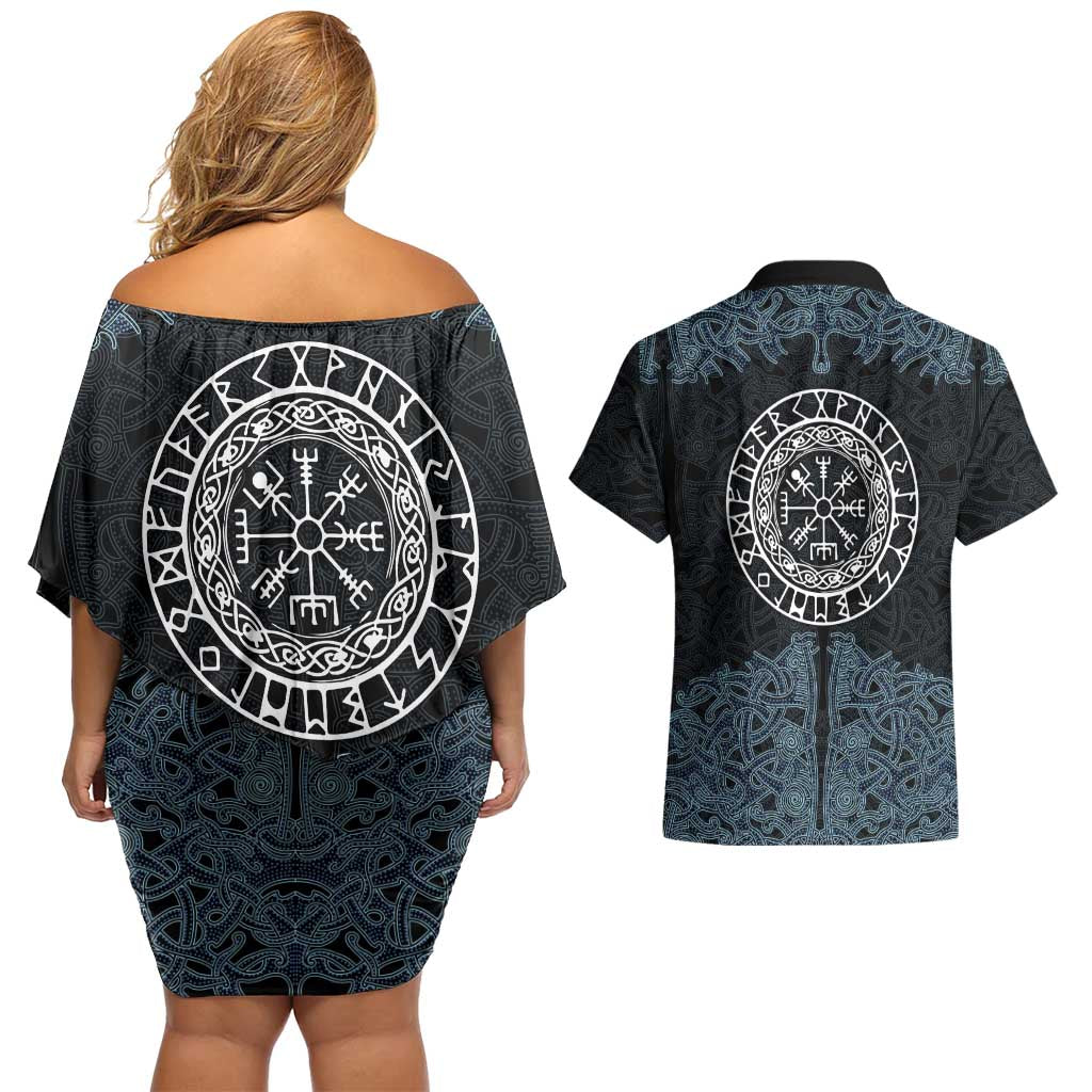 Viking Vegvisir Symbol Couples Matching Off Shoulder Short Dress and Hawaiian Shirt with Runes and Intricate Knotwork Norse Protection Tribute - Wonder Print Shop