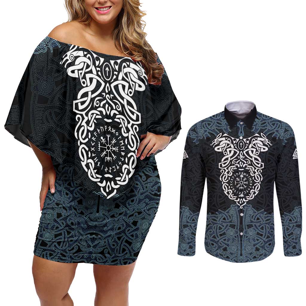 Viking Vegvisir Symbol Couples Matching Off Shoulder Short Dress and Long Sleeve Button Shirt with Runes and Intricate Knotwork Norse Protection Tribute - Wonder Print Shop