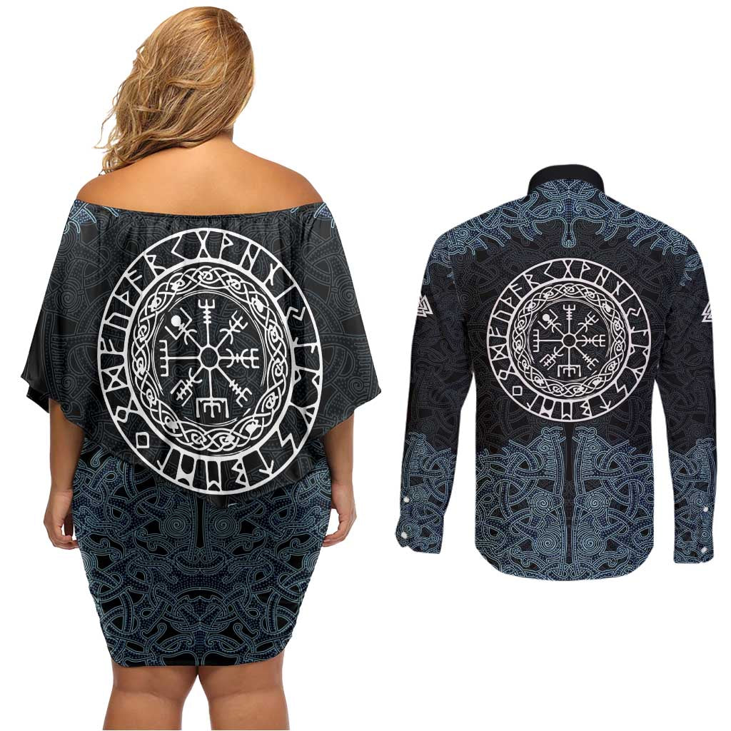 Viking Vegvisir Symbol Couples Matching Off Shoulder Short Dress and Long Sleeve Button Shirt with Runes and Intricate Knotwork Norse Protection Tribute - Wonder Print Shop