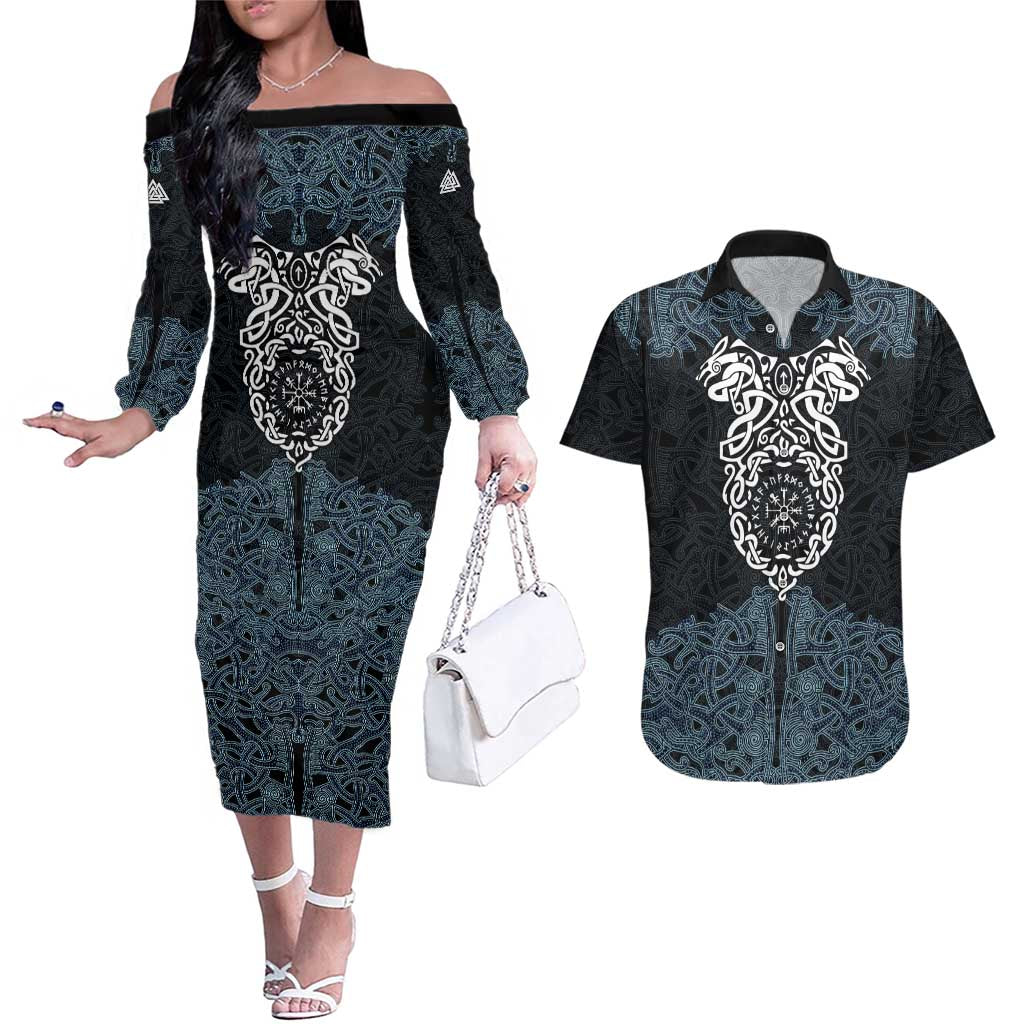 Viking Vegvisir Symbol Couples Matching Off The Shoulder Long Sleeve Dress and Hawaiian Shirt with Runes and Intricate Knotwork Norse Protection Tribute - Wonder Print Shop