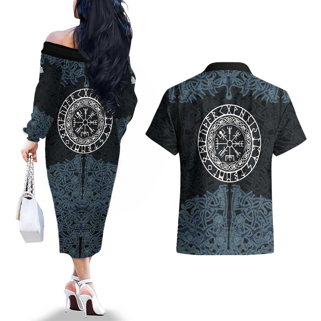 Viking Vegvisir Symbol Couples Matching Off The Shoulder Long Sleeve Dress and Hawaiian Shirt with Runes and Intricate Knotwork Norse Protection Tribute - Wonder Print Shop