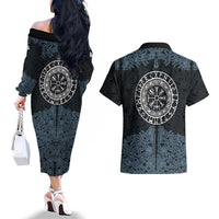 Viking Vegvisir Symbol Couples Matching Off The Shoulder Long Sleeve Dress and Hawaiian Shirt with Runes and Intricate Knotwork Norse Protection Tribute - Wonder Print Shop