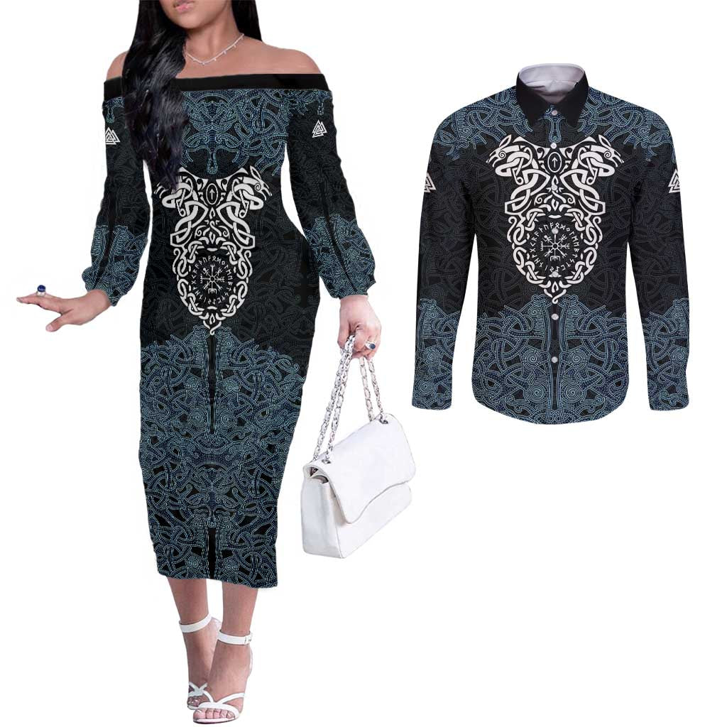 Viking Vegvisir Symbol Couples Matching Off The Shoulder Long Sleeve Dress and Long Sleeve Button Shirt with Runes and Intricate Knotwork Norse Protection Tribute - Wonder Print Shop