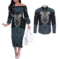 Viking Vegvisir Symbol Couples Matching Off The Shoulder Long Sleeve Dress and Long Sleeve Button Shirt with Runes and Intricate Knotwork Norse Protection Tribute - Wonder Print Shop