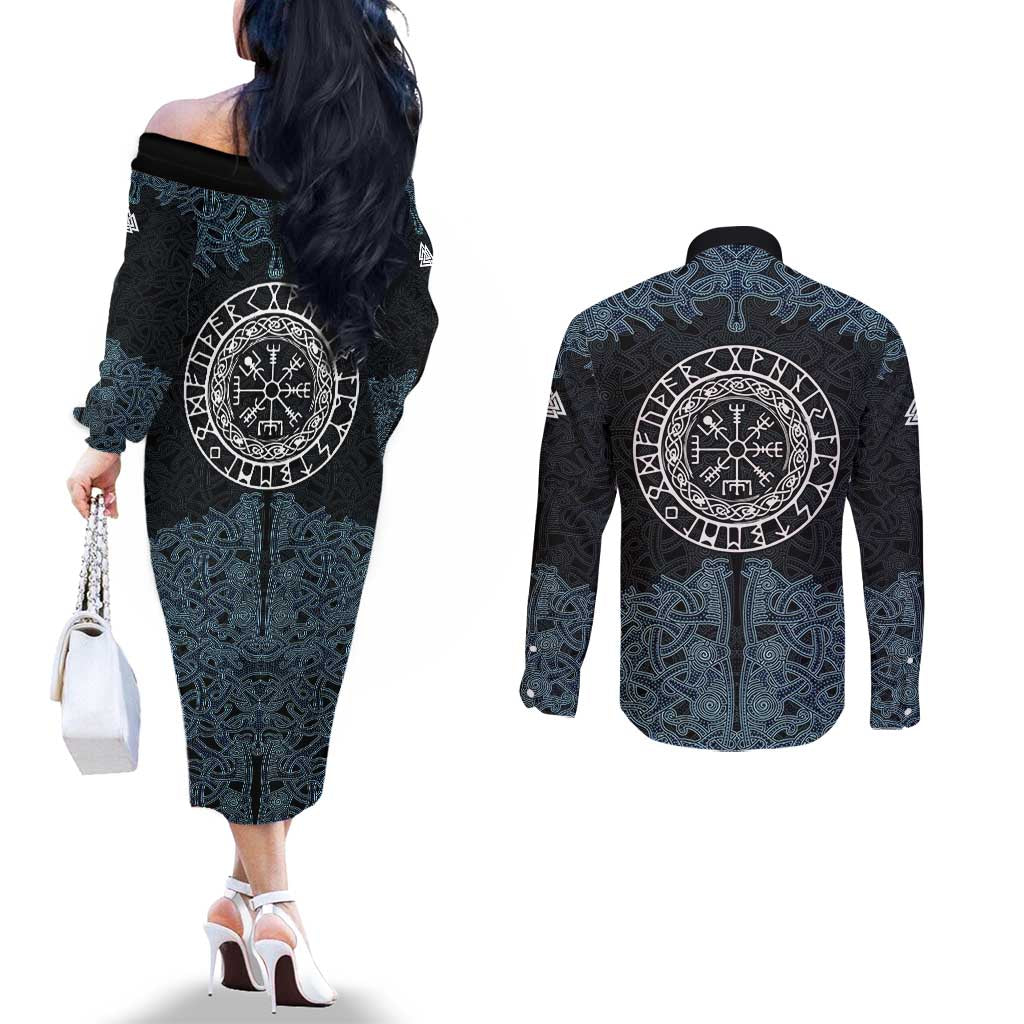 Viking Vegvisir Symbol Couples Matching Off The Shoulder Long Sleeve Dress and Long Sleeve Button Shirt with Runes and Intricate Knotwork Norse Protection Tribute - Wonder Print Shop