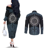 Viking Vegvisir Symbol Couples Matching Off The Shoulder Long Sleeve Dress and Long Sleeve Button Shirt with Runes and Intricate Knotwork Norse Protection Tribute - Wonder Print Shop