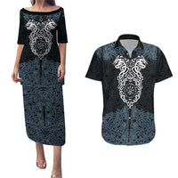 Viking Vegvisir Symbol Couples Matching Puletasi and Hawaiian Shirt with Runes and Intricate Knotwork Norse Protection Tribute - Wonder Print Shop