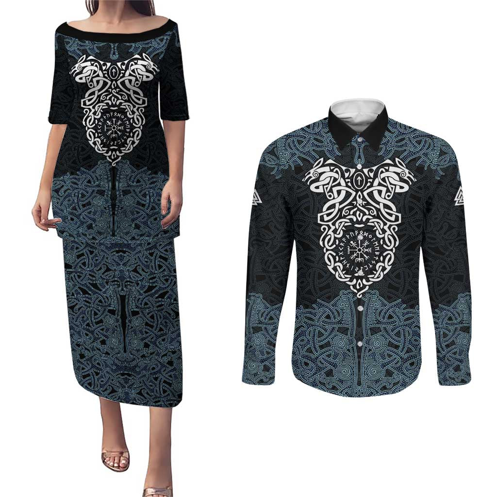 Viking Vegvisir Symbol Couples Matching Puletasi and Long Sleeve Button Shirt with Runes and Intricate Knotwork Norse Protection Tribute - Wonder Print Shop