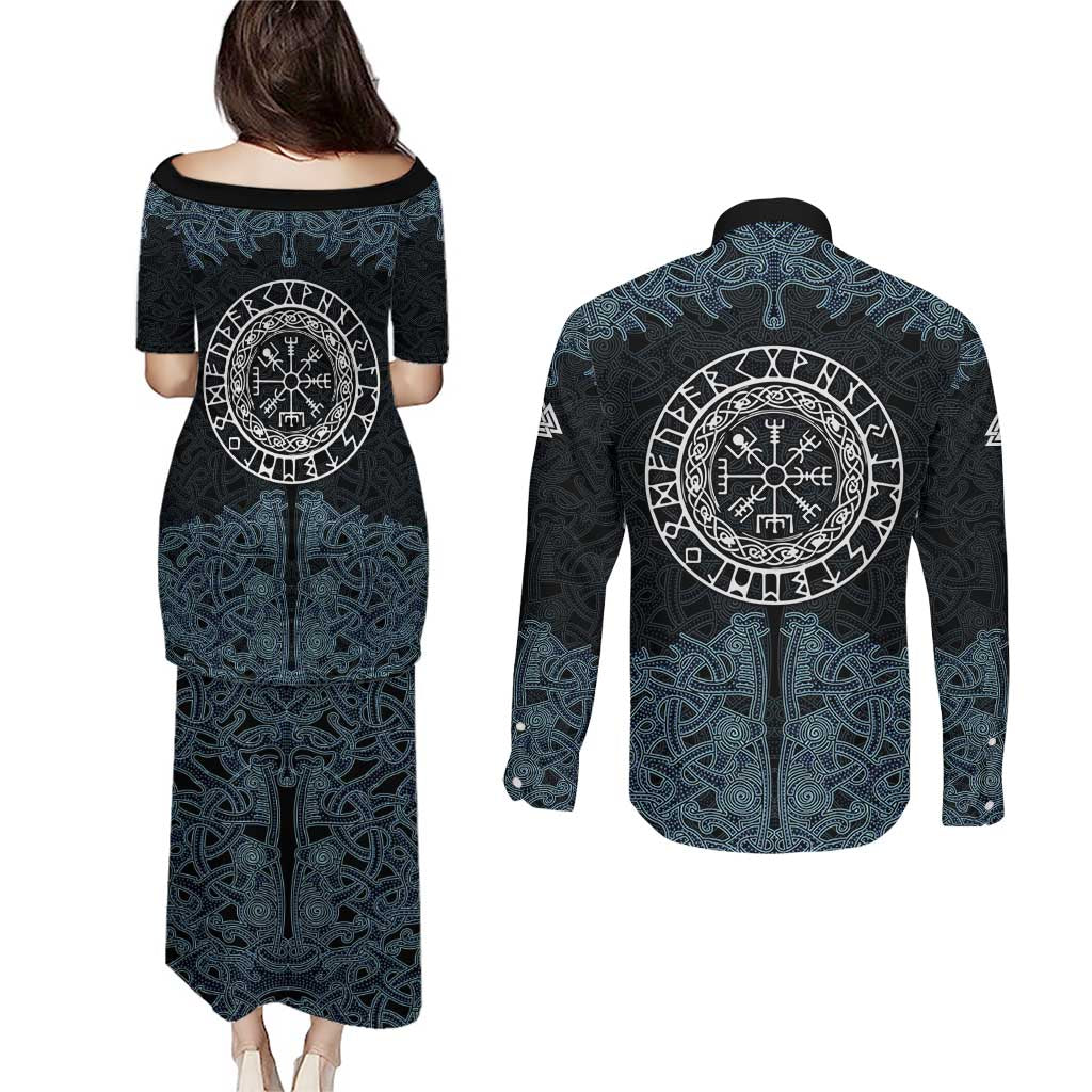Viking Vegvisir Symbol Couples Matching Puletasi and Long Sleeve Button Shirt with Runes and Intricate Knotwork Norse Protection Tribute - Wonder Print Shop