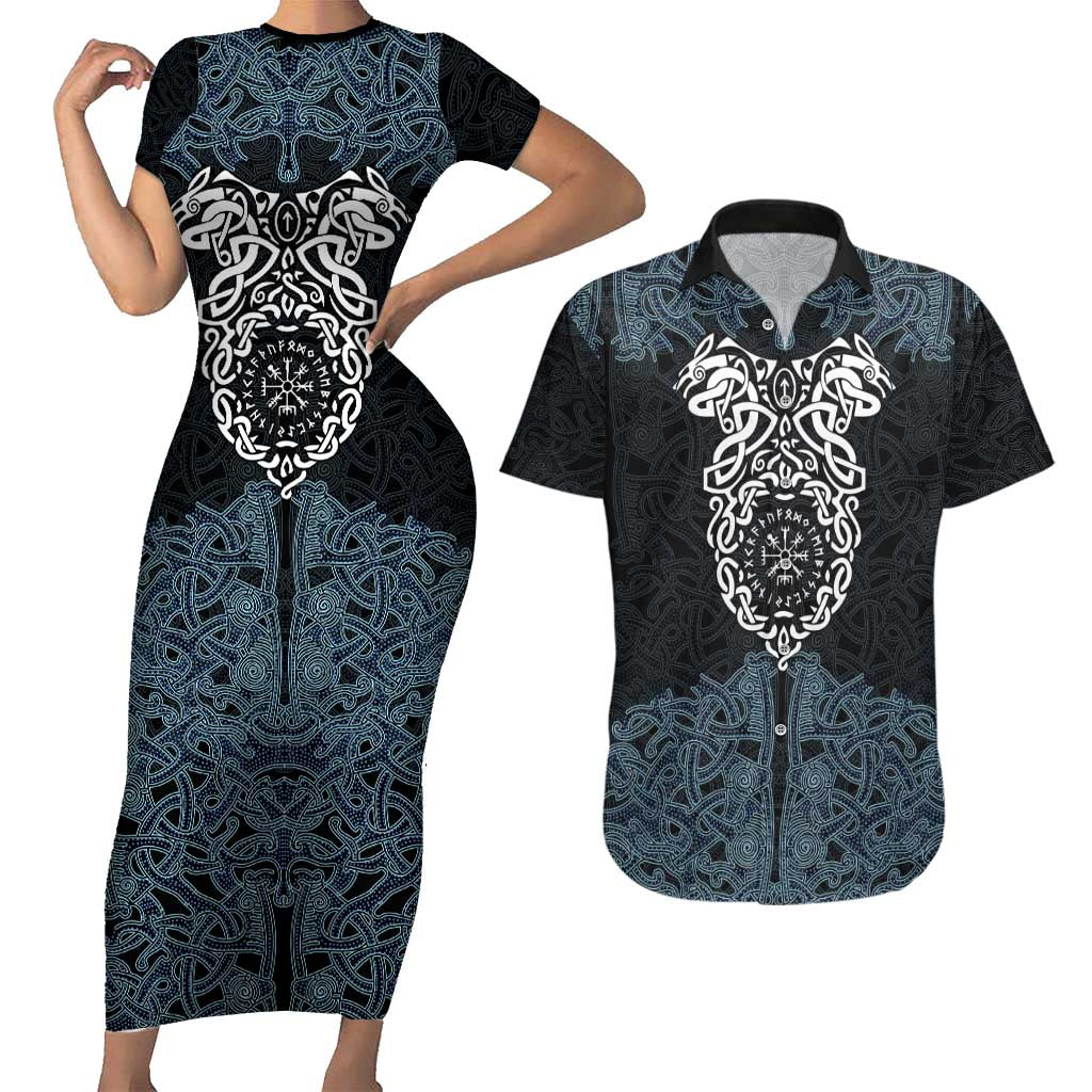 Viking Vegvisir Symbol Couples Matching Short Sleeve Bodycon Dress and Hawaiian Shirt with Runes and Intricate Knotwork Norse Protection Tribute - Wonder Print Shop