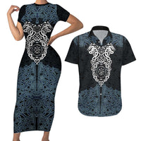 Viking Vegvisir Symbol Couples Matching Short Sleeve Bodycon Dress and Hawaiian Shirt with Runes and Intricate Knotwork Norse Protection Tribute - Wonder Print Shop