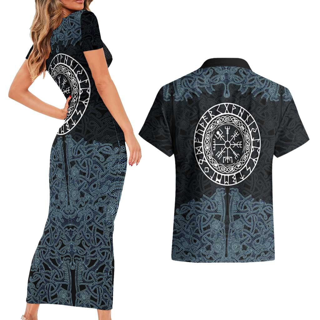 Viking Vegvisir Symbol Couples Matching Short Sleeve Bodycon Dress and Hawaiian Shirt with Runes and Intricate Knotwork Norse Protection Tribute - Wonder Print Shop