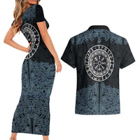 Viking Vegvisir Symbol Couples Matching Short Sleeve Bodycon Dress and Hawaiian Shirt with Runes and Intricate Knotwork Norse Protection Tribute - Wonder Print Shop