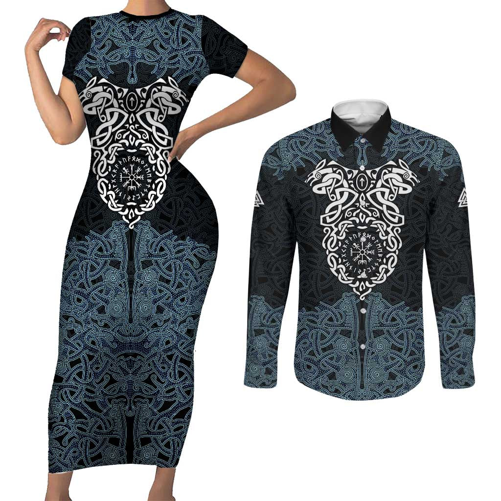 Viking Vegvisir Symbol Couples Matching Short Sleeve Bodycon Dress and Long Sleeve Button Shirt with Runes and Intricate Knotwork Norse Protection Tribute - Wonder Print Shop