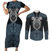 Viking Vegvisir Symbol Couples Matching Short Sleeve Bodycon Dress and Long Sleeve Button Shirt with Runes and Intricate Knotwork Norse Protection Tribute - Wonder Print Shop