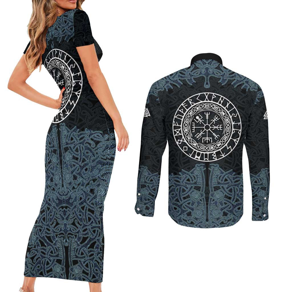 Viking Vegvisir Symbol Couples Matching Short Sleeve Bodycon Dress and Long Sleeve Button Shirt with Runes and Intricate Knotwork Norse Protection Tribute - Wonder Print Shop