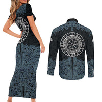 Viking Vegvisir Symbol Couples Matching Short Sleeve Bodycon Dress and Long Sleeve Button Shirt with Runes and Intricate Knotwork Norse Protection Tribute - Wonder Print Shop