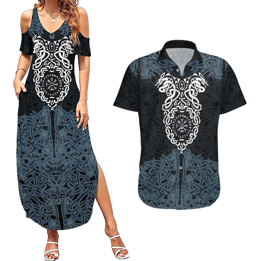 Viking Vegvisir Symbol Couples Matching Summer Maxi Dress and Hawaiian Shirt with Runes and Intricate Knotwork Norse Protection Tribute - Wonder Print Shop