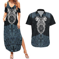 Viking Vegvisir Symbol Couples Matching Summer Maxi Dress and Hawaiian Shirt with Runes and Intricate Knotwork Norse Protection Tribute - Wonder Print Shop