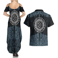 Viking Vegvisir Symbol Couples Matching Summer Maxi Dress and Hawaiian Shirt with Runes and Intricate Knotwork Norse Protection Tribute - Wonder Print Shop