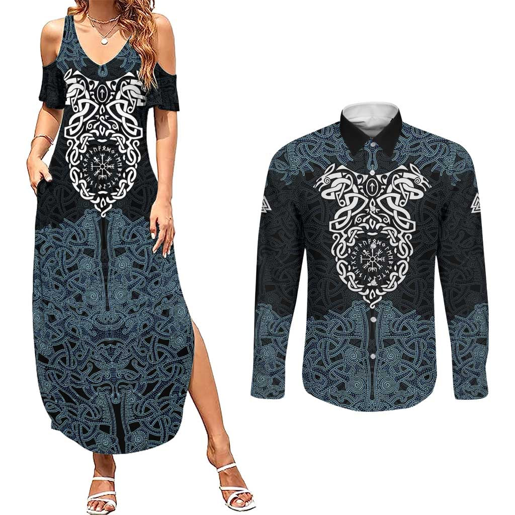 Viking Vegvisir Symbol Couples Matching Summer Maxi Dress and Long Sleeve Button Shirt with Runes and Intricate Knotwork Norse Protection Tribute - Wonder Print Shop