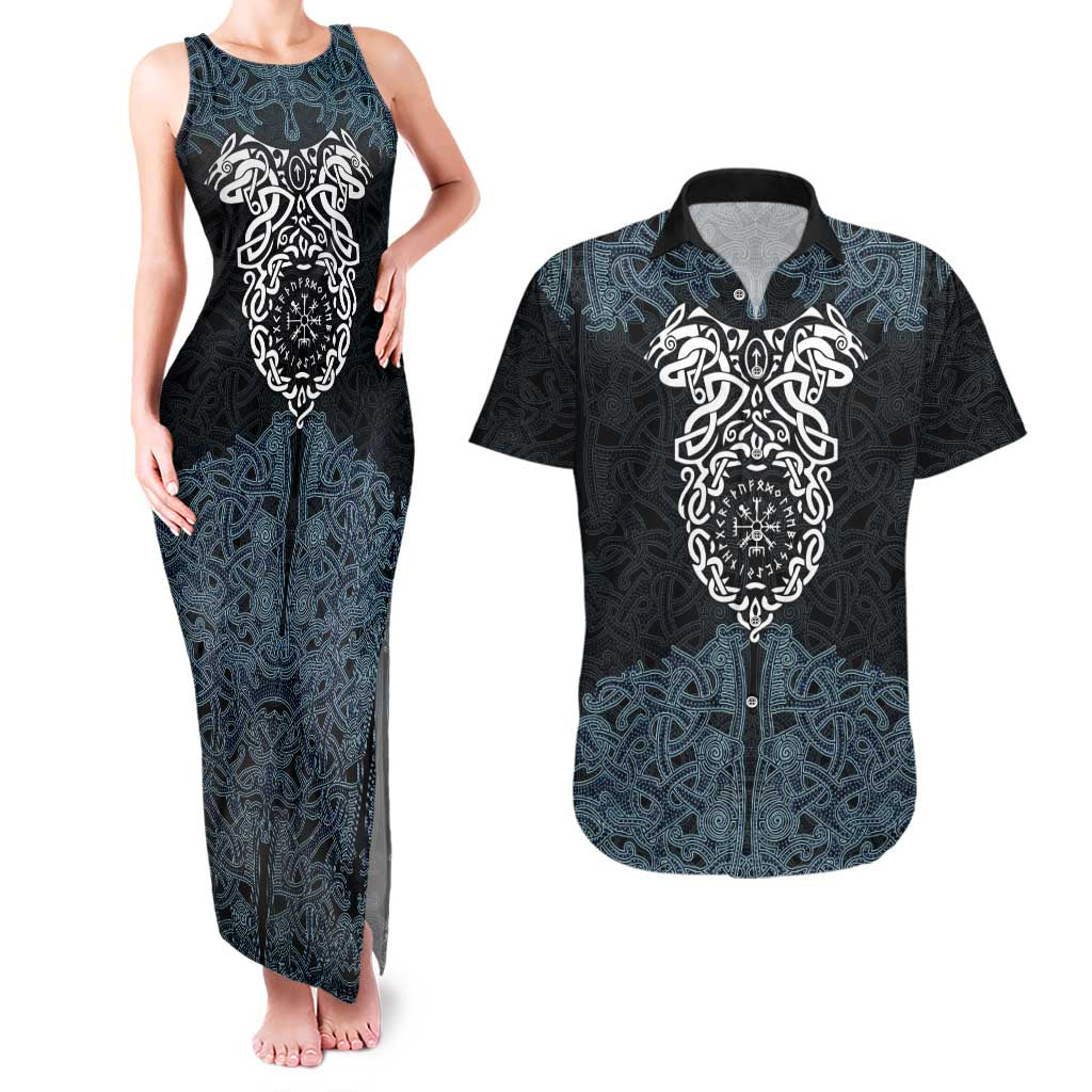 Viking Vegvisir Symbol Couples Matching Tank Maxi Dress and Hawaiian Shirt with Runes and Intricate Knotwork Norse Protection Tribute - Wonder Print Shop