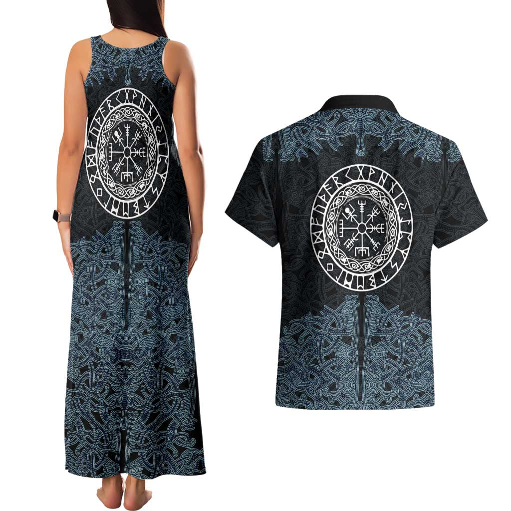 Viking Vegvisir Symbol Couples Matching Tank Maxi Dress and Hawaiian Shirt with Runes and Intricate Knotwork Norse Protection Tribute - Wonder Print Shop