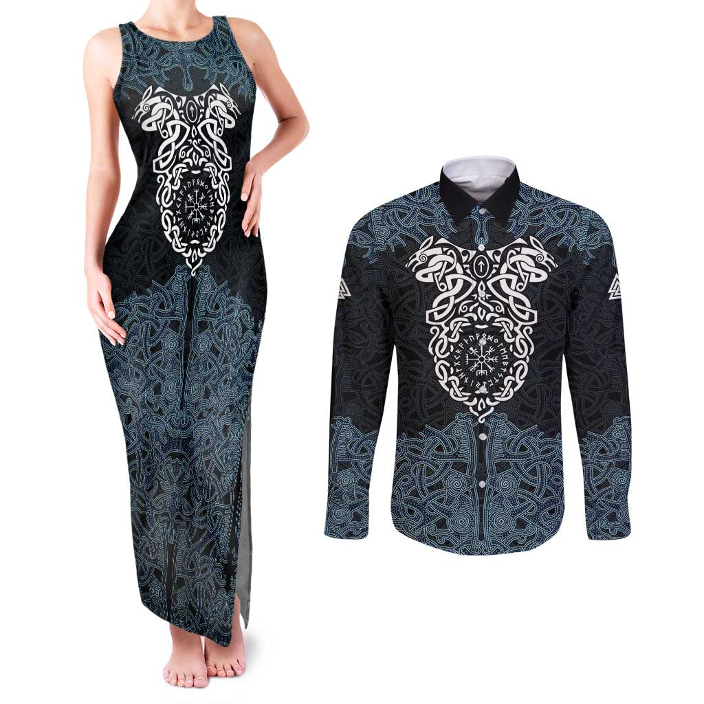 Viking Vegvisir Symbol Couples Matching Tank Maxi Dress and Long Sleeve Button Shirt with Runes and Intricate Knotwork Norse Protection Tribute - Wonder Print Shop