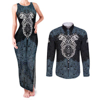 Viking Vegvisir Symbol Couples Matching Tank Maxi Dress and Long Sleeve Button Shirt with Runes and Intricate Knotwork Norse Protection Tribute - Wonder Print Shop