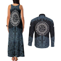 Viking Vegvisir Symbol Couples Matching Tank Maxi Dress and Long Sleeve Button Shirt with Runes and Intricate Knotwork Norse Protection Tribute - Wonder Print Shop
