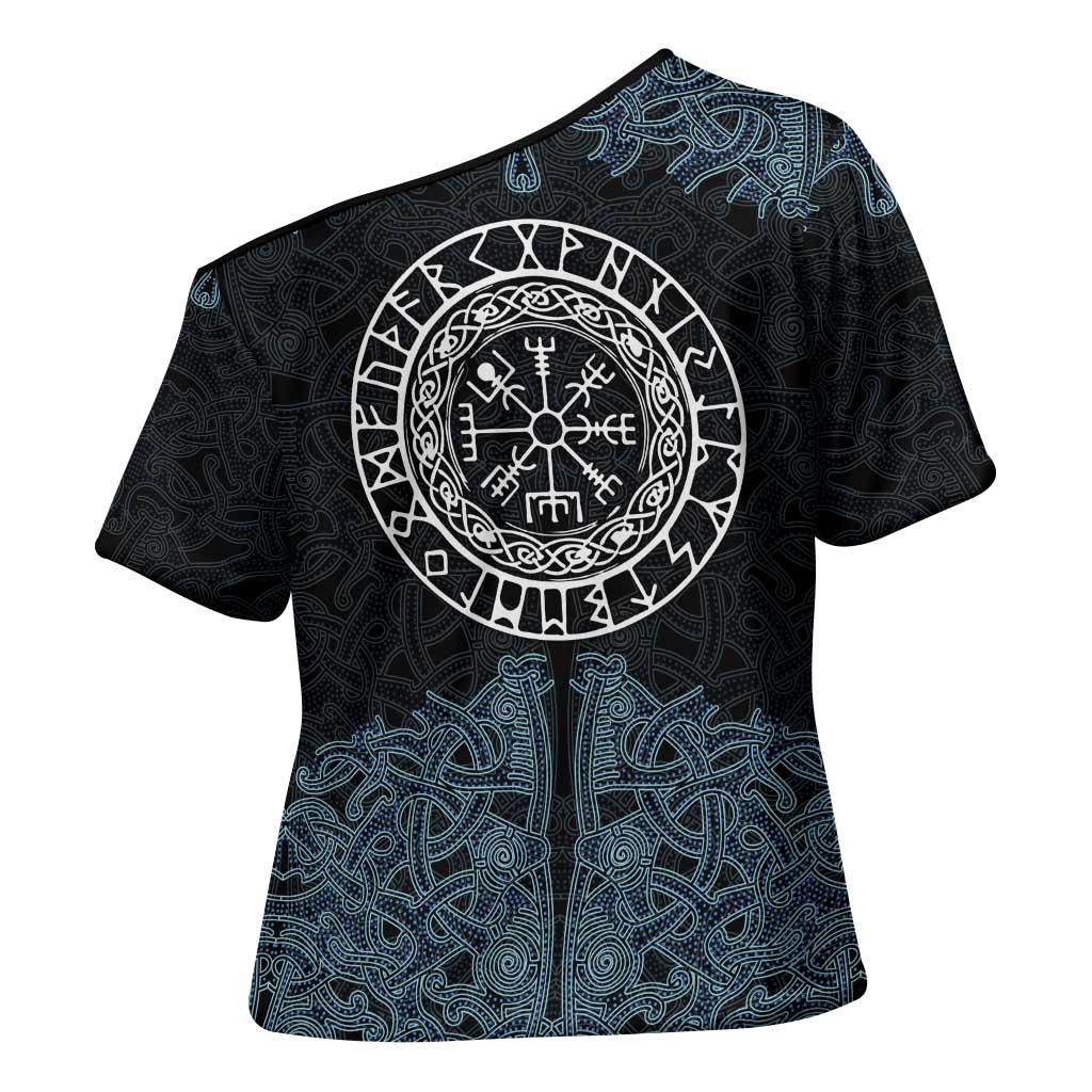 Viking Vegvisir Symbol Cross Shoulder Shirt with Runes and Intricate Knotwork Norse Protection Tribute - Wonder Print Shop