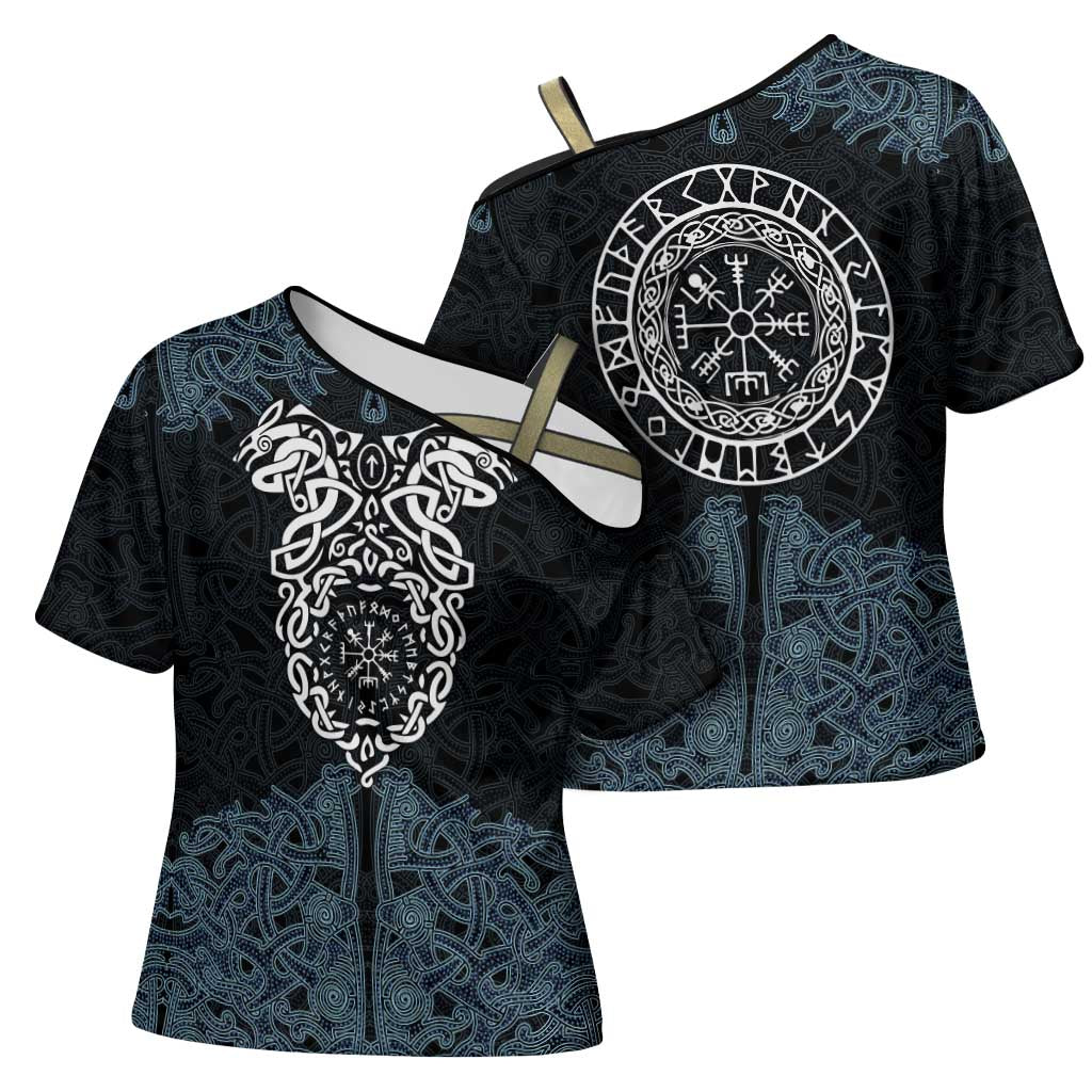 Viking Vegvisir Symbol Cross Shoulder Shirt with Runes and Intricate Knotwork Norse Protection Tribute - Wonder Print Shop
