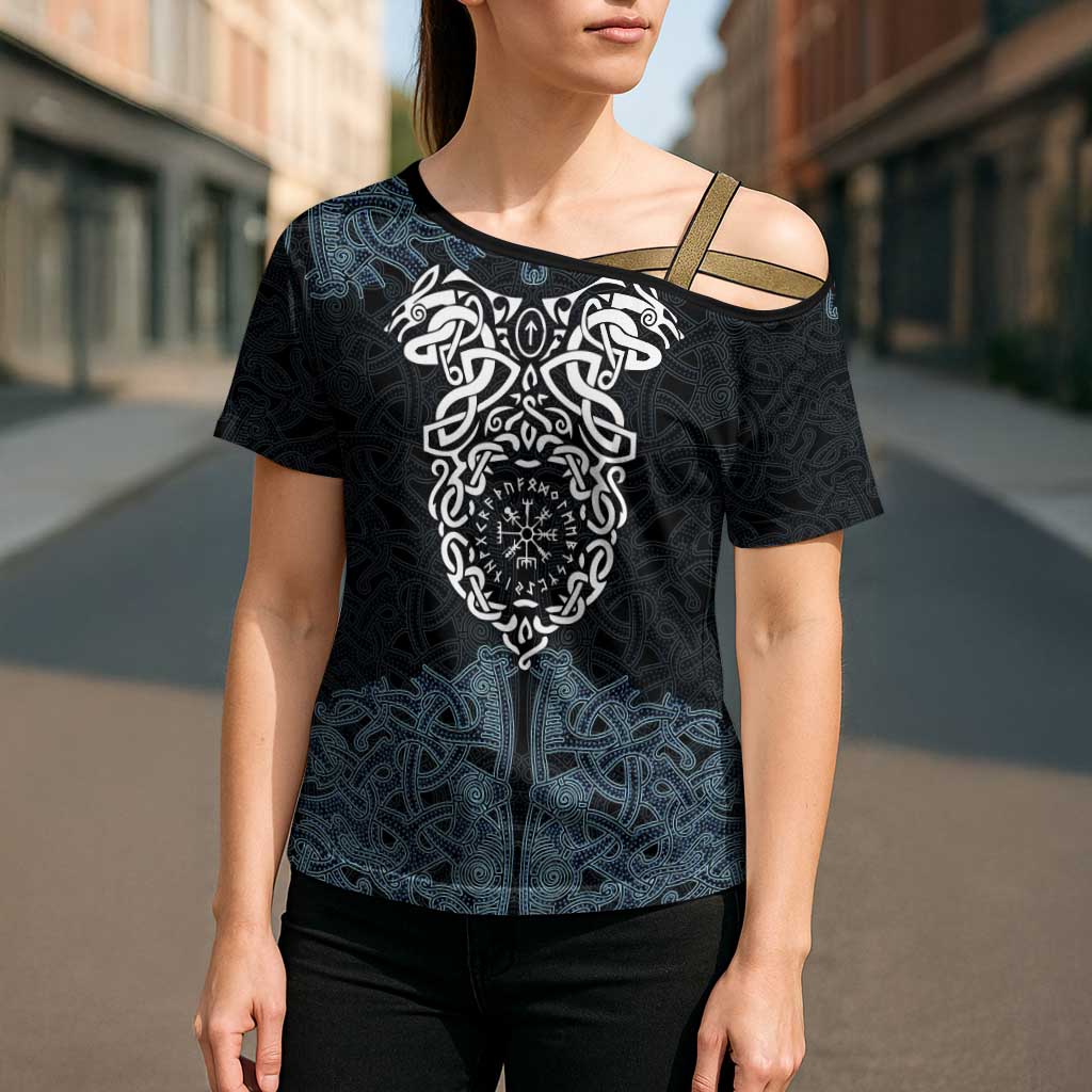 Viking Vegvisir Symbol Cross Shoulder Shirt with Runes and Intricate Knotwork Norse Protection Tribute - Wonder Print Shop
