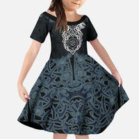 Viking Vegvisir Symbol Family Matching Long Sleeve Bodycon Dress and Hawaiian Shirt with Runes and Intricate Knotwork Norse Protection Tribute - Wonder Print Shop