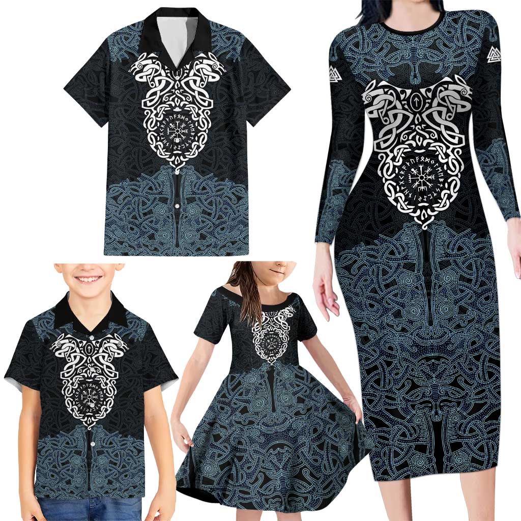 Viking Vegvisir Symbol Family Matching Long Sleeve Bodycon Dress and Hawaiian Shirt with Runes and Intricate Knotwork Norse Protection Tribute - Wonder Print Shop