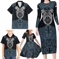 Viking Vegvisir Symbol Family Matching Long Sleeve Bodycon Dress and Hawaiian Shirt with Runes and Intricate Knotwork Norse Protection Tribute - Wonder Print Shop