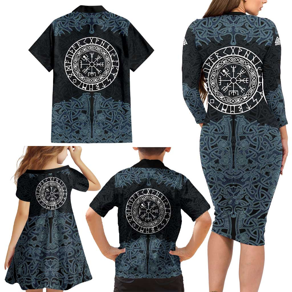 Viking Vegvisir Symbol Family Matching Long Sleeve Bodycon Dress and Hawaiian Shirt with Runes and Intricate Knotwork Norse Protection Tribute - Wonder Print Shop