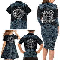 Viking Vegvisir Symbol Family Matching Long Sleeve Bodycon Dress and Hawaiian Shirt with Runes and Intricate Knotwork Norse Protection Tribute - Wonder Print Shop