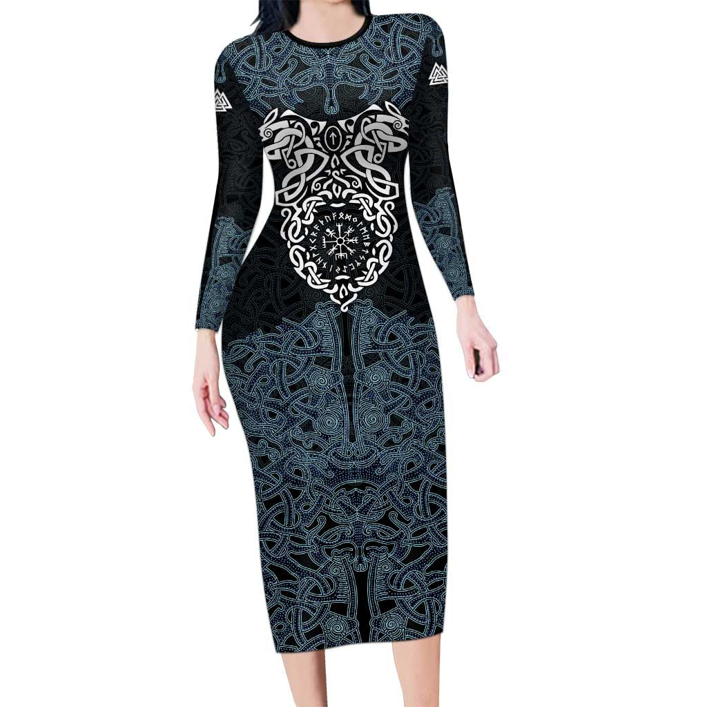 Viking Vegvisir Symbol Family Matching Long Sleeve Bodycon Dress and Hawaiian Shirt with Runes and Intricate Knotwork Norse Protection Tribute - Wonder Print Shop