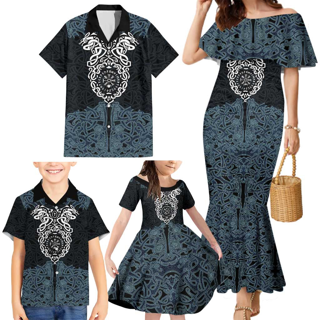 Viking Vegvisir Symbol Family Matching Mermaid Dress and Hawaiian Shirt with Runes and Intricate Knotwork Norse Protection Tribute - Wonder Print Shop