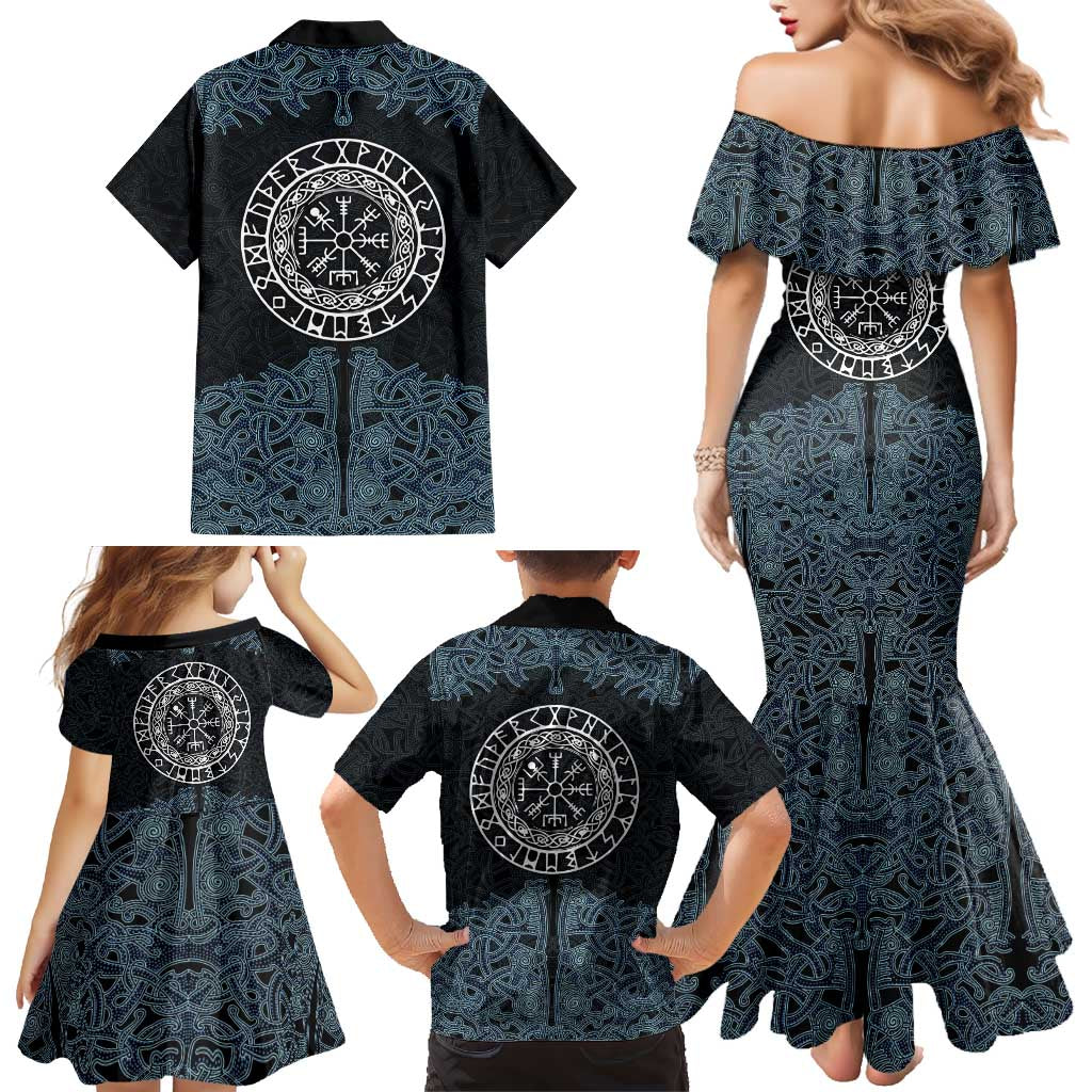 Viking Vegvisir Symbol Family Matching Mermaid Dress and Hawaiian Shirt with Runes and Intricate Knotwork Norse Protection Tribute - Wonder Print Shop