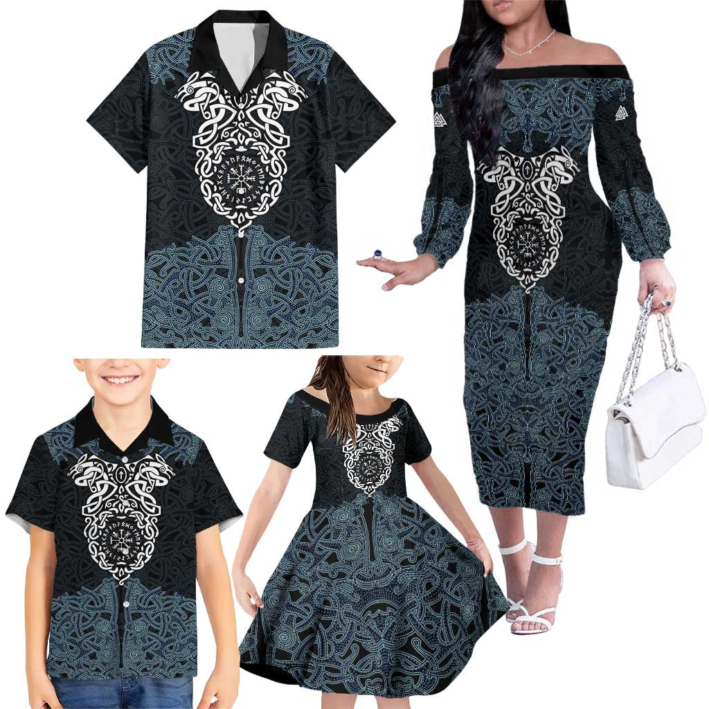 Viking Vegvisir Symbol Family Matching Off The Shoulder Long Sleeve Dress and Hawaiian Shirt with Runes and Intricate Knotwork Norse Protection Tribute - Wonder Print Shop
