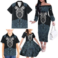 Viking Vegvisir Symbol Family Matching Off The Shoulder Long Sleeve Dress and Hawaiian Shirt with Runes and Intricate Knotwork Norse Protection Tribute - Wonder Print Shop