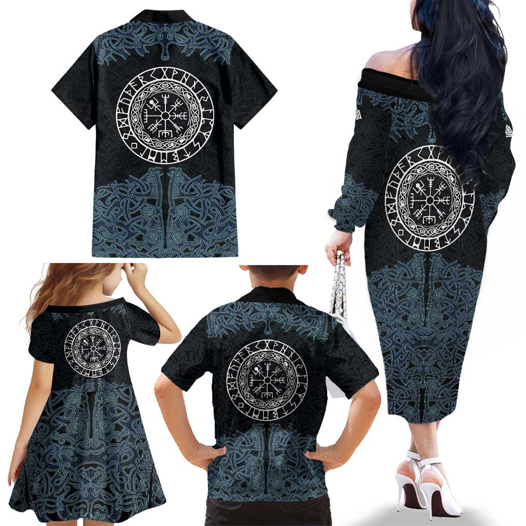 Viking Vegvisir Symbol Family Matching Off The Shoulder Long Sleeve Dress and Hawaiian Shirt with Runes and Intricate Knotwork Norse Protection Tribute - Wonder Print Shop