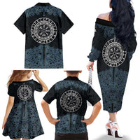 Viking Vegvisir Symbol Family Matching Off The Shoulder Long Sleeve Dress and Hawaiian Shirt with Runes and Intricate Knotwork Norse Protection Tribute - Wonder Print Shop