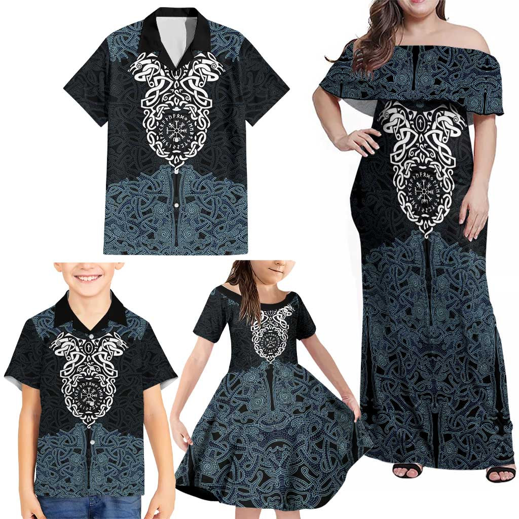 Viking Vegvisir Symbol Family Matching Off Shoulder Maxi Dress and Hawaiian Shirt with Runes and Intricate Knotwork Norse Protection Tribute - Wonder Print Shop