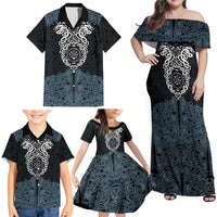 Viking Vegvisir Symbol Family Matching Off Shoulder Maxi Dress and Hawaiian Shirt with Runes and Intricate Knotwork Norse Protection Tribute - Wonder Print Shop