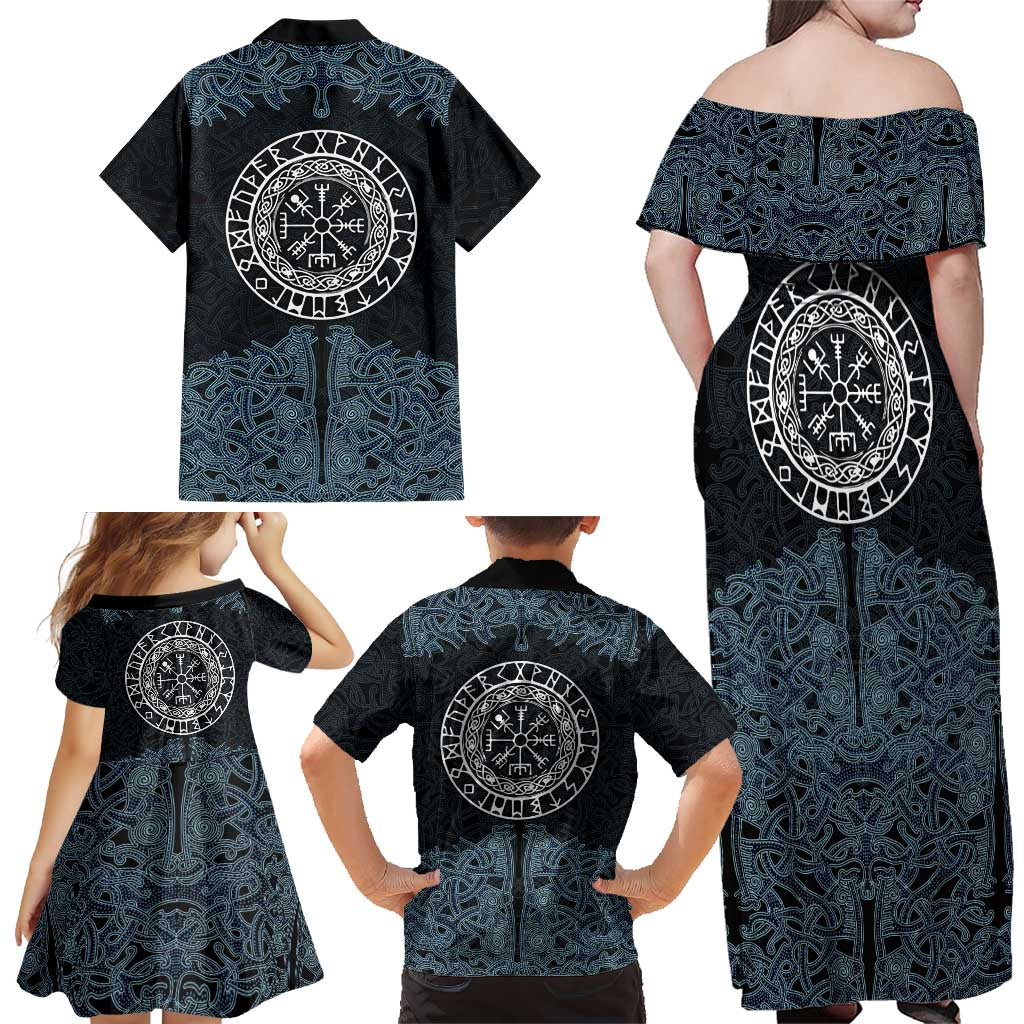 Viking Vegvisir Symbol Family Matching Off Shoulder Maxi Dress and Hawaiian Shirt with Runes and Intricate Knotwork Norse Protection Tribute - Wonder Print Shop